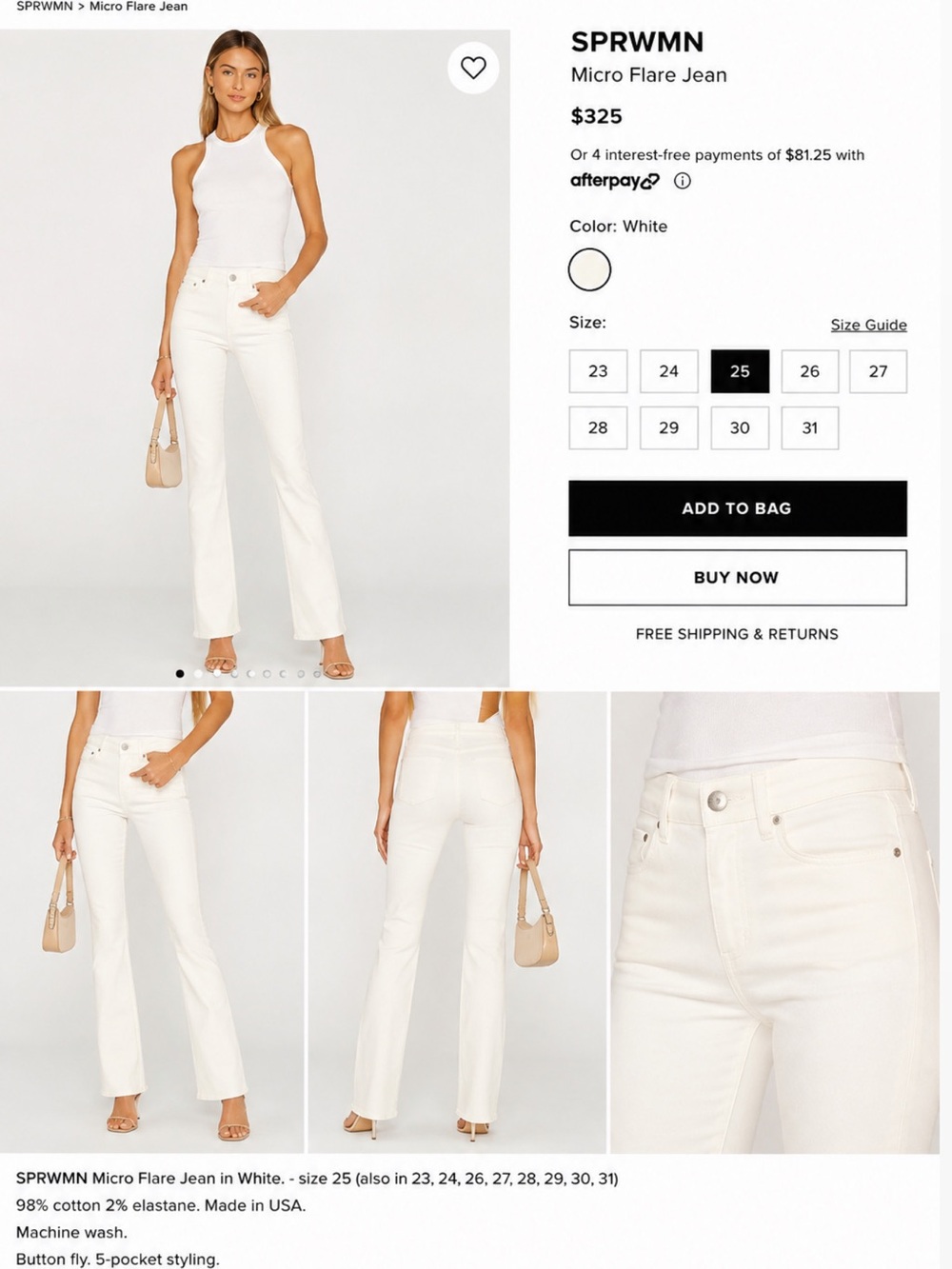 NWT SPRWMN Los Angeles Micro Flare Jeans – White – Size 25